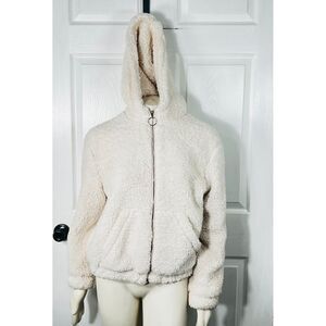 Haute Monde Ivory Faux Fur Coat Gold Hardware Hooded Pockets Womens‎ Large